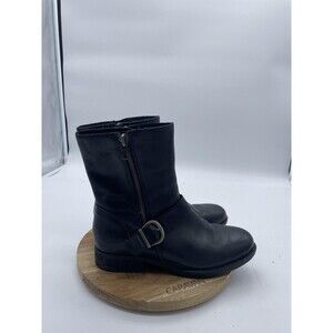 Born Moto Boots Womens 7 Black Leather Mid Calf Zip Buckle Block Heel Casual